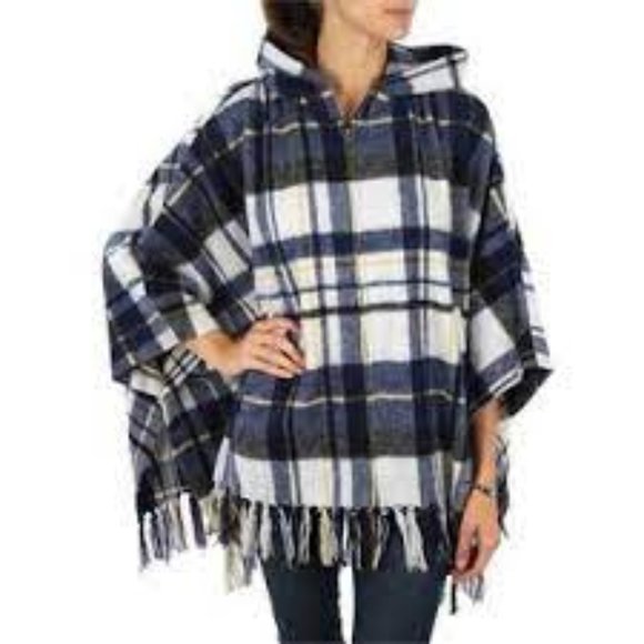 Quiksilver Ponchito Blue Plaid Zipper Front Fringe Blanket Style Jacket One Size - Picture 1 of 9